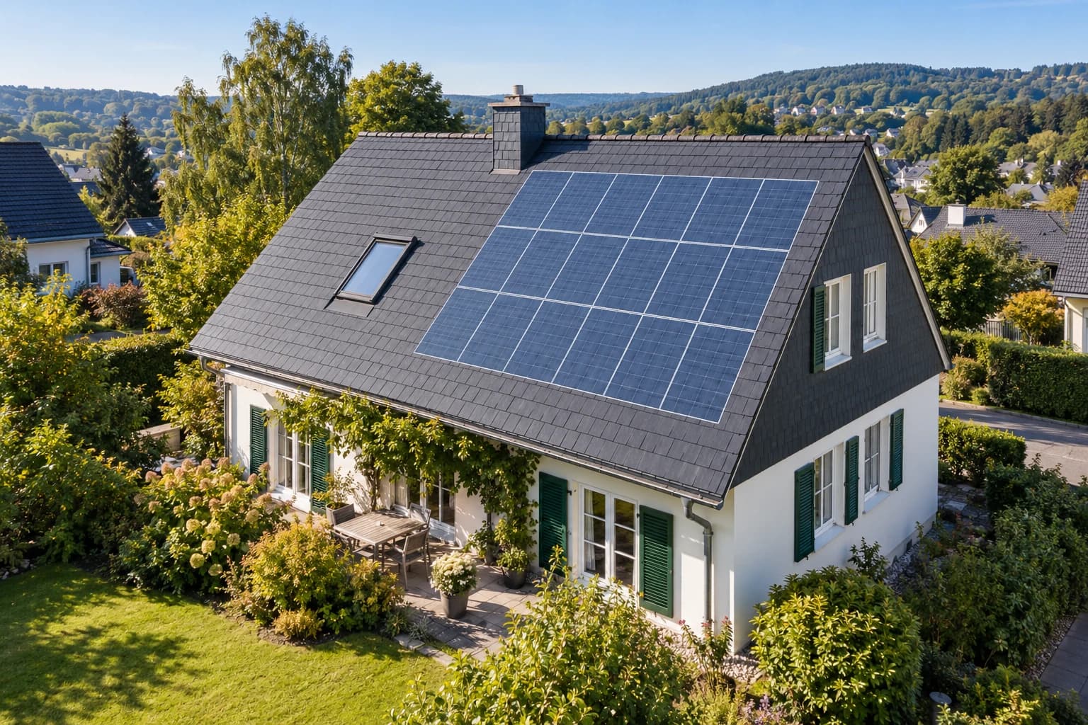 Einfamilienhaus mit Schieferdach und grünen Fensterläden aus der Drohnenperspektive, auf dem Dach ein digitaler PV-Belegungsentwurf (Visualisierung)