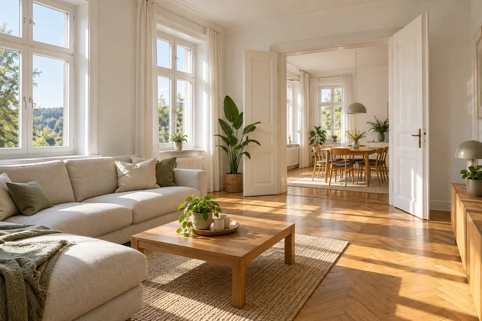 Sonniges Wohnzimmer einer Altbauwohnung mit Sofa und Parkett, durch die offene Flügeltür der Blick ins Esszimmer (Visualisierung)