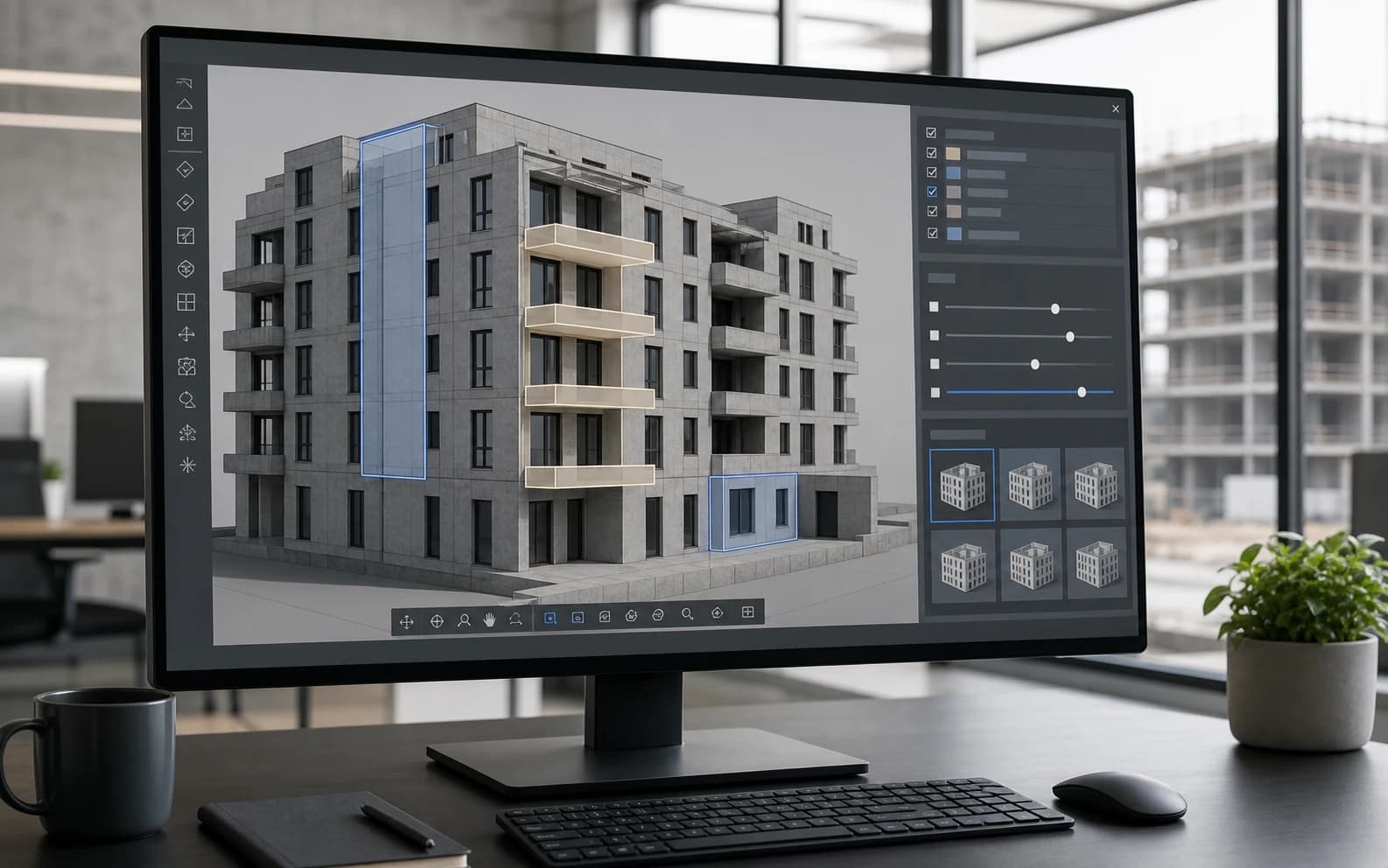 Digitales Bauwerksmodell mit ausgewählten Bauteilen und Prüfbereichen für den Plan-Ist-Vergleich (Visualisierung)