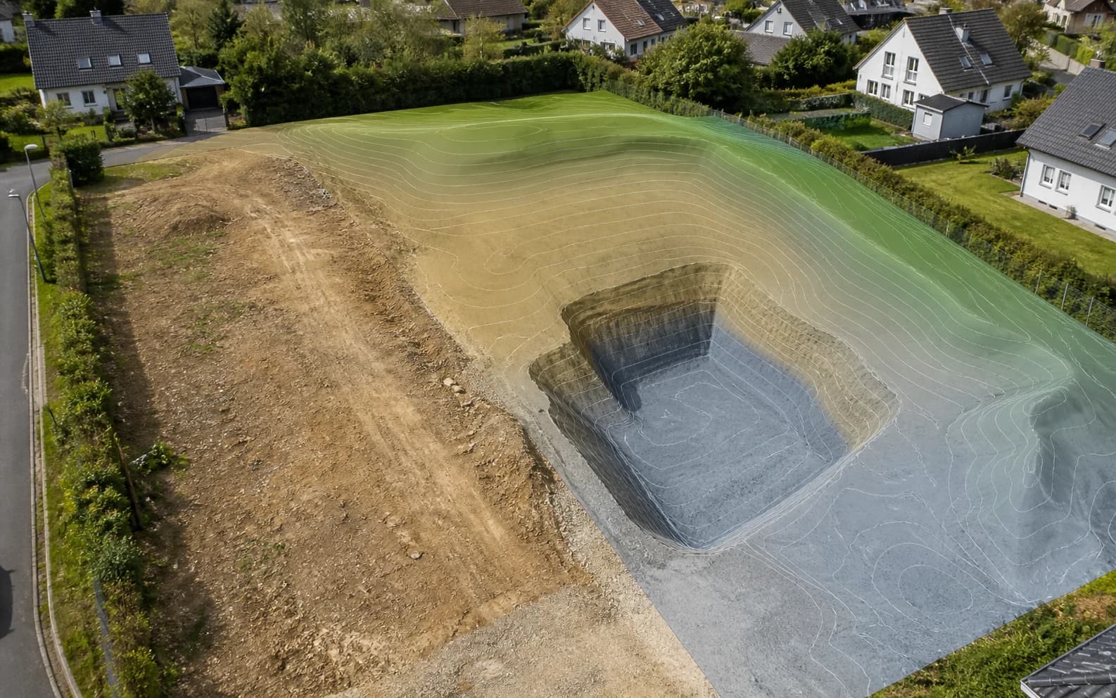 Digitales 3D-Modell eines Baugrundstücks mit Höhenlinien und Baugrube (Visualisierung)