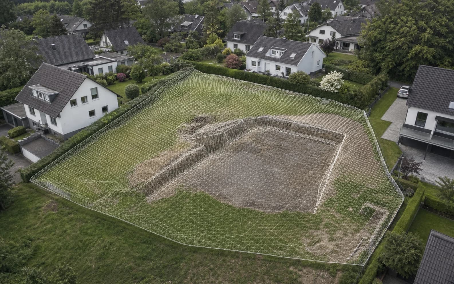 Digital erfasstes deutsches Baugrundstück mit 3D-Geländemodell (Visualisierung)